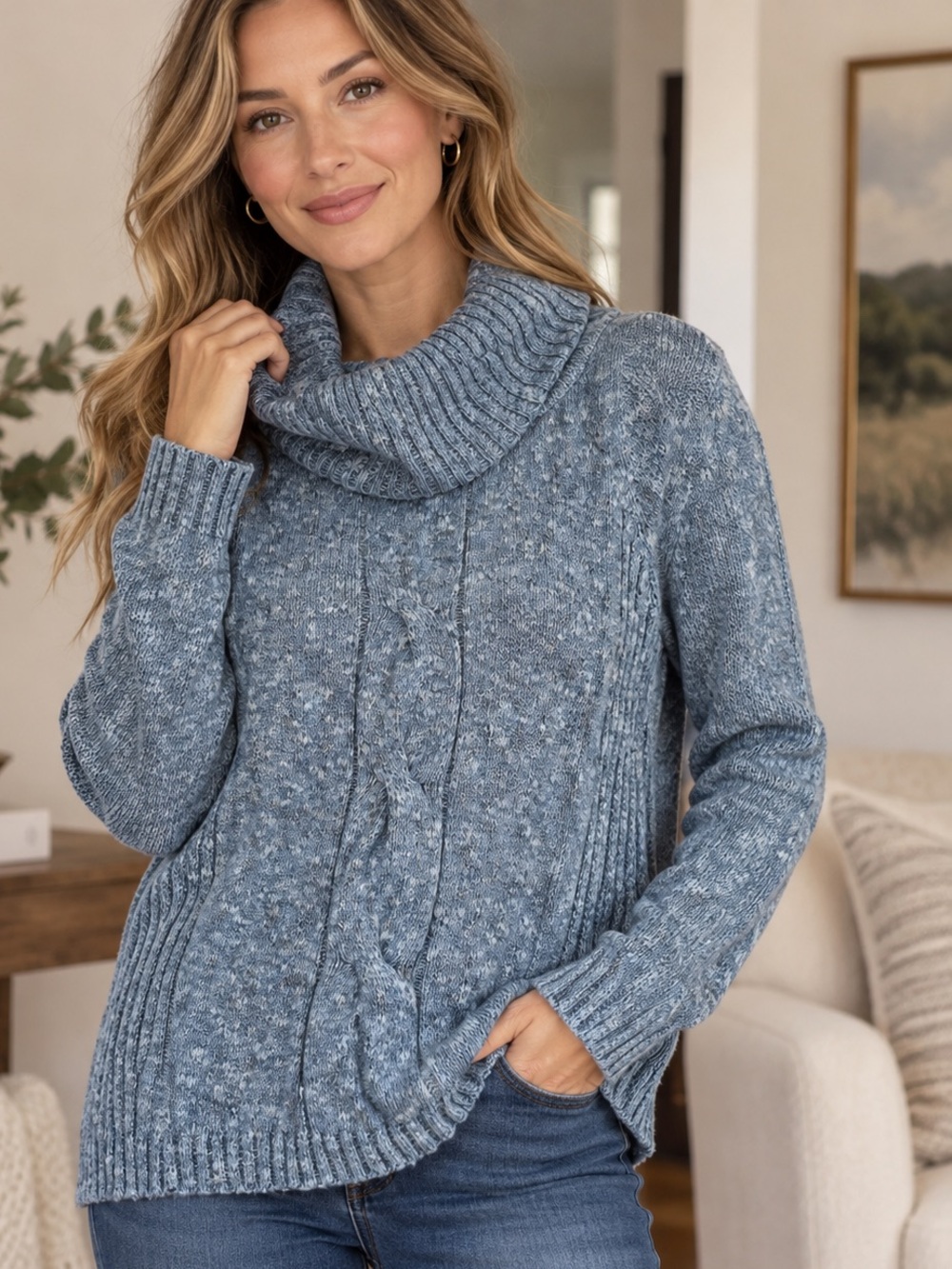 Sag Harbor Marled Slate Blue Cowl-Neck Sweater